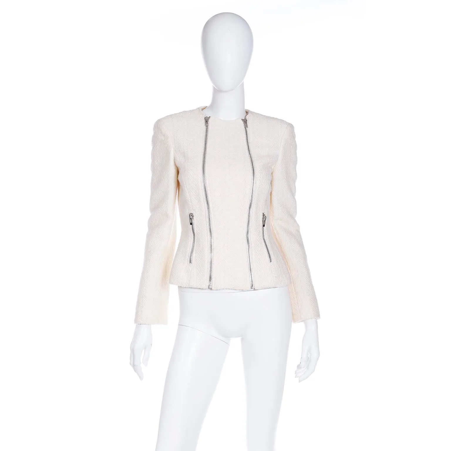 2000s Gianni Versace Winter White Boucle Double Zip Jacket