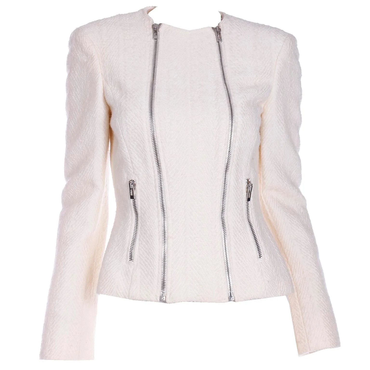 2000s Gianni Versace Winter White Boucle Double Zip Jacket