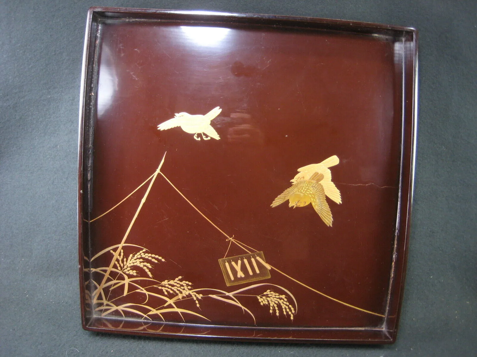 Antique Japanese (C.1850)  Wood & Lacquer Obon Ozen Tray Makie Sparrows