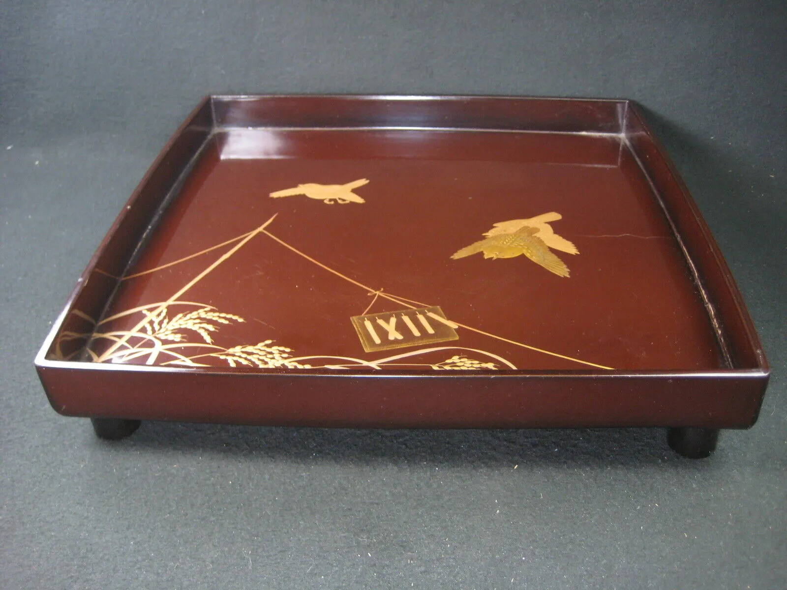 Antique Japanese (C.1850)  Wood & Lacquer Obon Ozen Tray Makie Sparrows