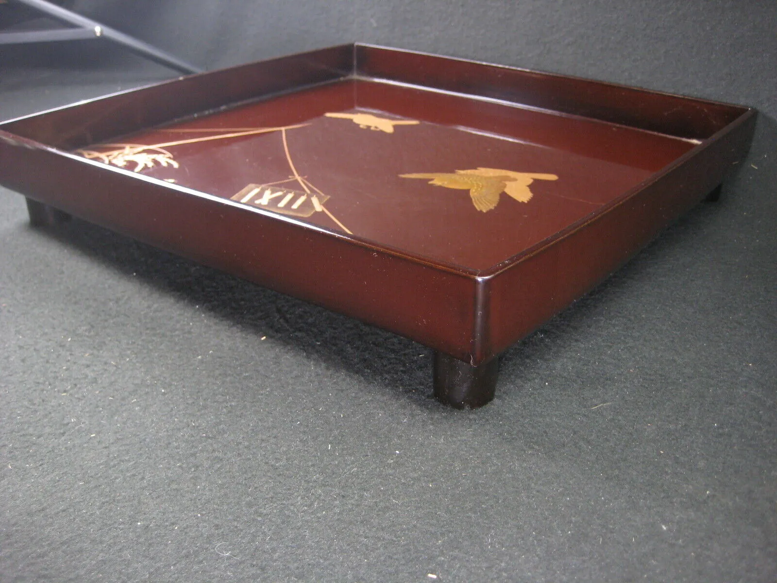 Antique Japanese (C.1850)  Wood & Lacquer Obon Ozen Tray Makie Sparrows