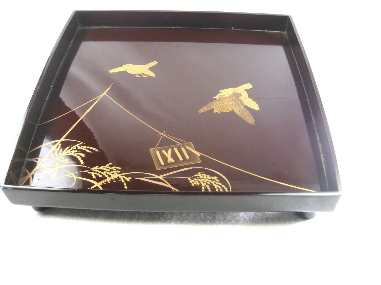 Antique Japanese (C.1850)  Wood & Lacquer Obon Ozen Tray Makie Sparrows