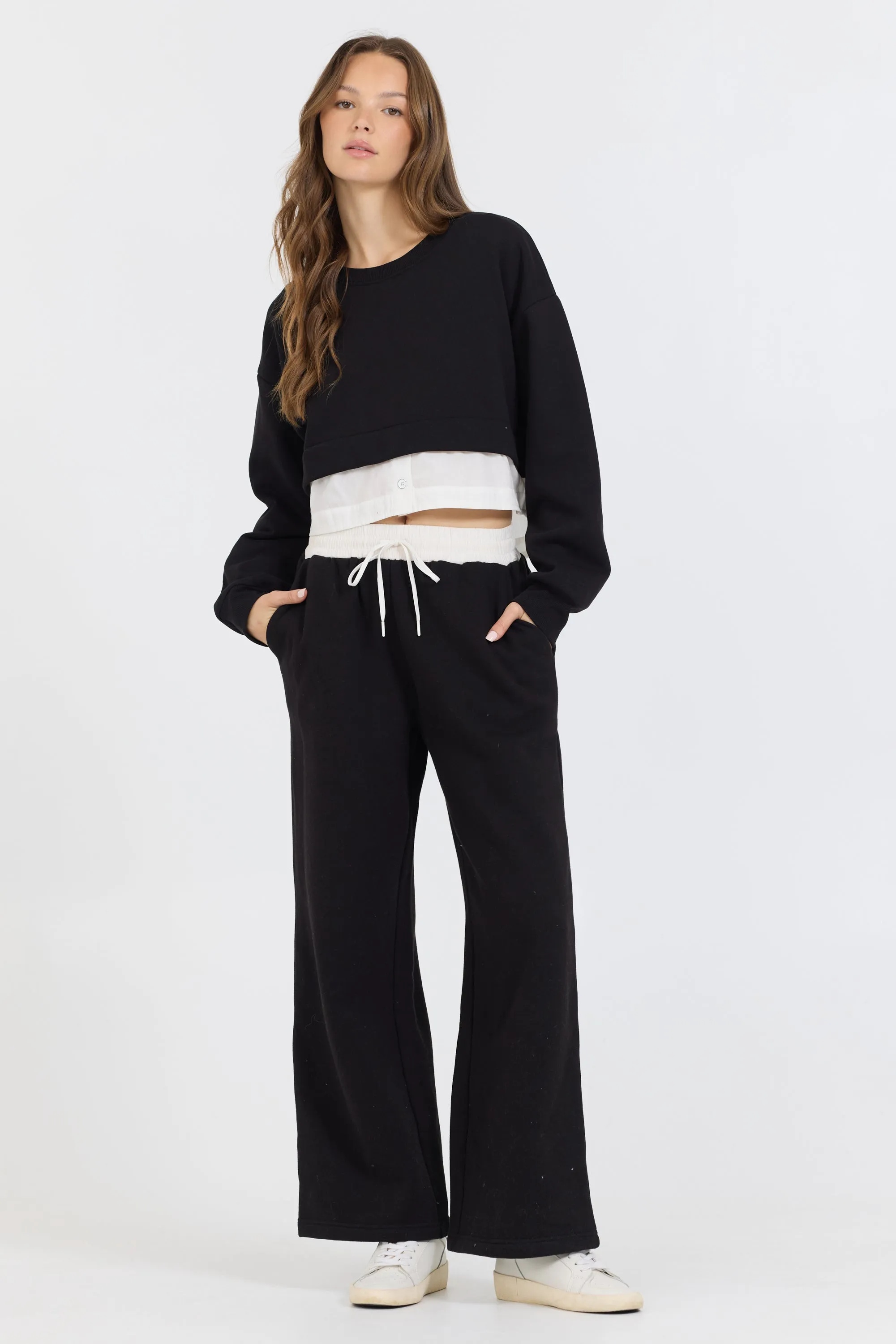 Black/ White Essential Fleece Pant W/ Poplin Waist