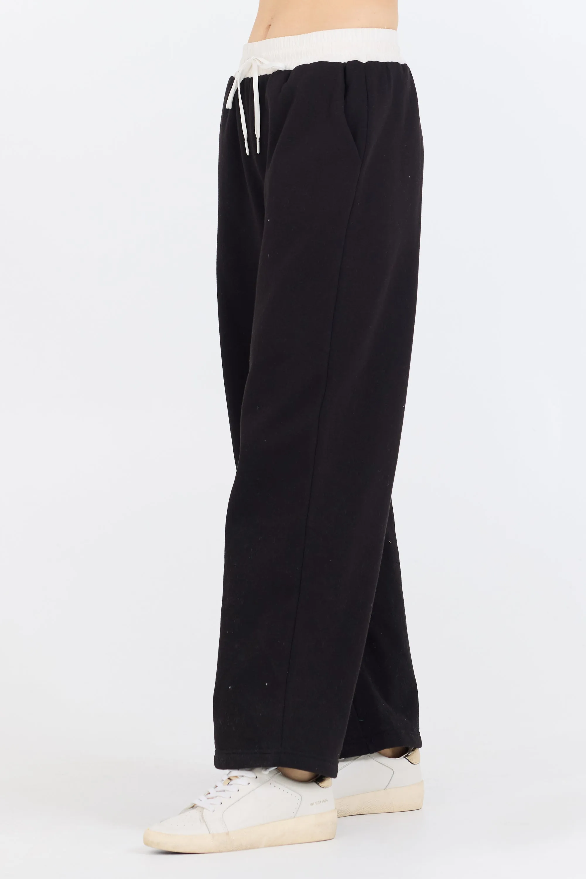 Black/ White Essential Fleece Pant W/ Poplin Waist