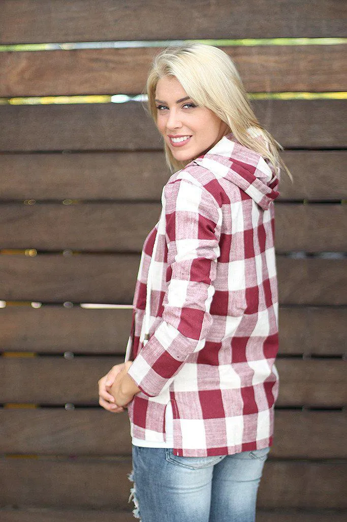 Burgundy and Ivory Plaid Hoodie With Pocket