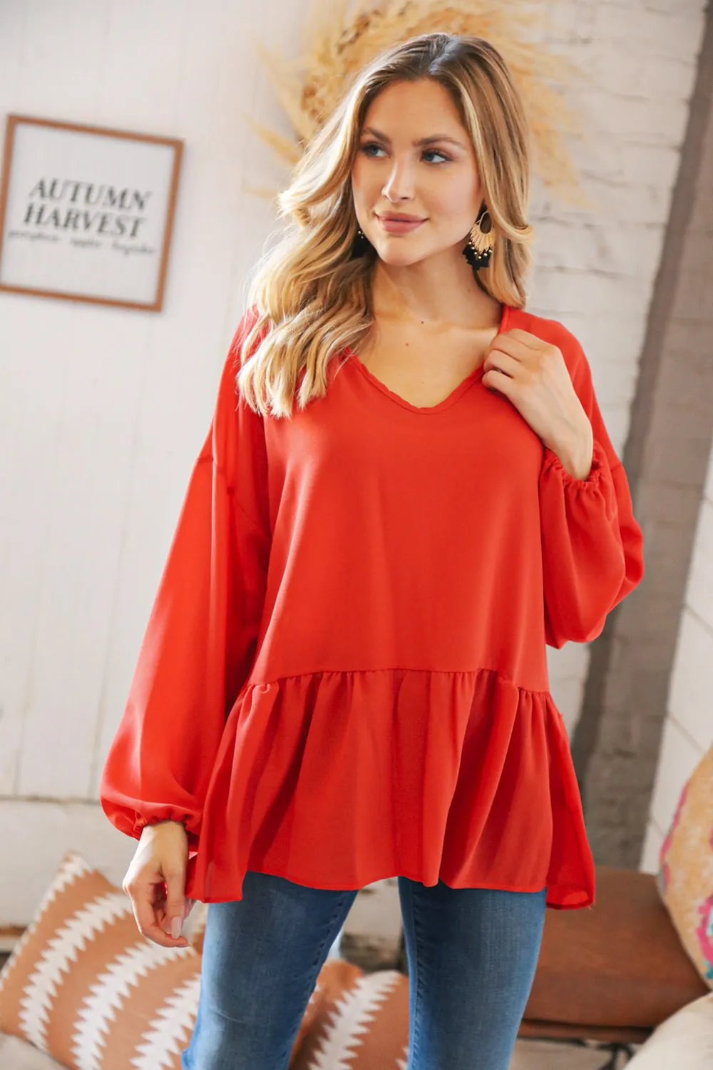 Deep Rust V Neck Woven Babydoll Top