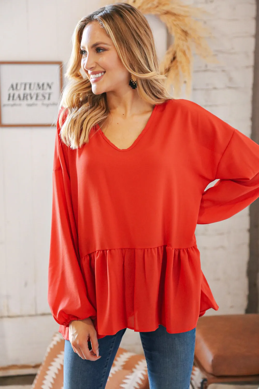 Deep Rust V Neck Woven Babydoll Top