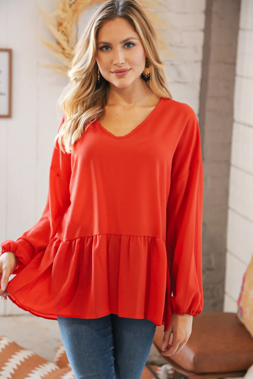 Deep Rust V Neck Woven Babydoll Top