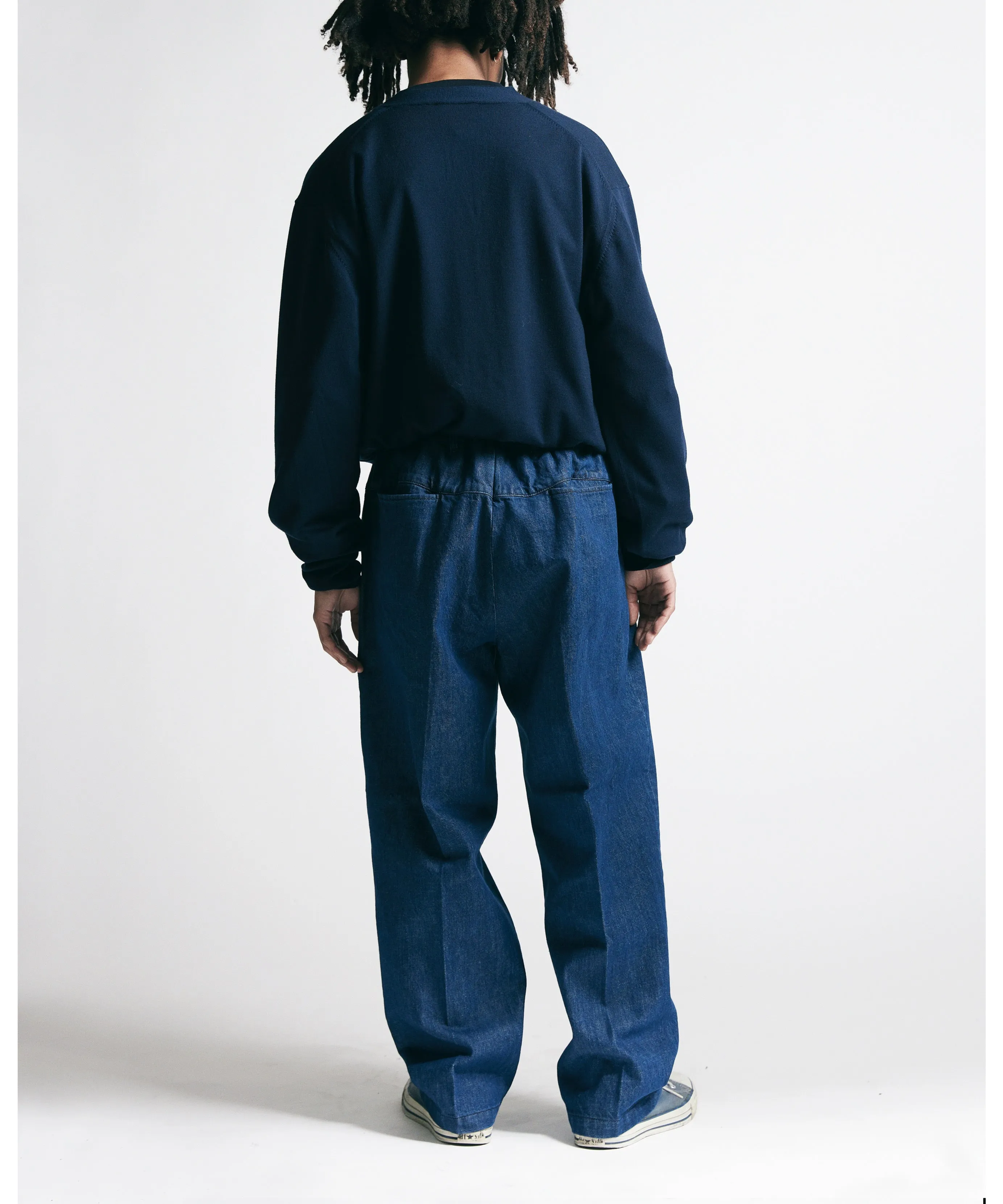 Blue Easy Wide Tapered Pants in 12.5oz Denim for an E-commerce Product