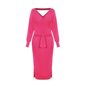 Elegant Sweater Dress with Belt Batwing Sleeve Midi Dress in Hot Pink