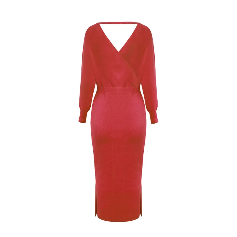 Elegant Sweater Dress with Belt Batwing Sleeve Midi Dress in Hot Pink