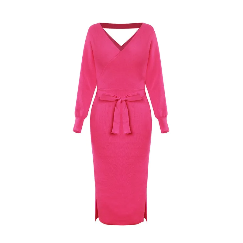 Elegant Sweater Dress with Belt Batwing Sleeve Midi Dress in Hot Pink