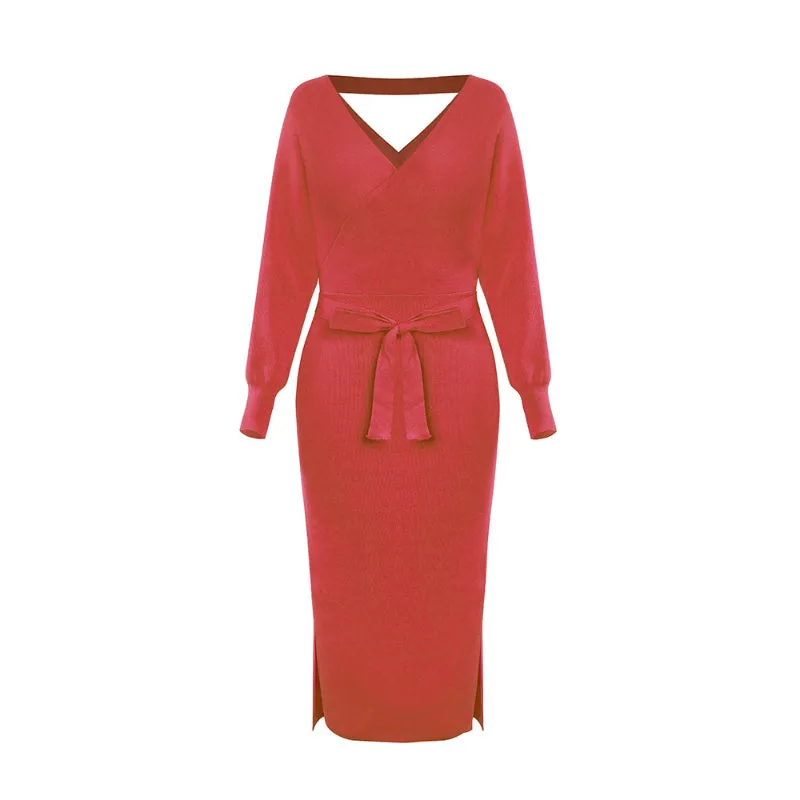 Elegant Sweater Dress with Belt Batwing Sleeve Midi Dress in Hot Pink