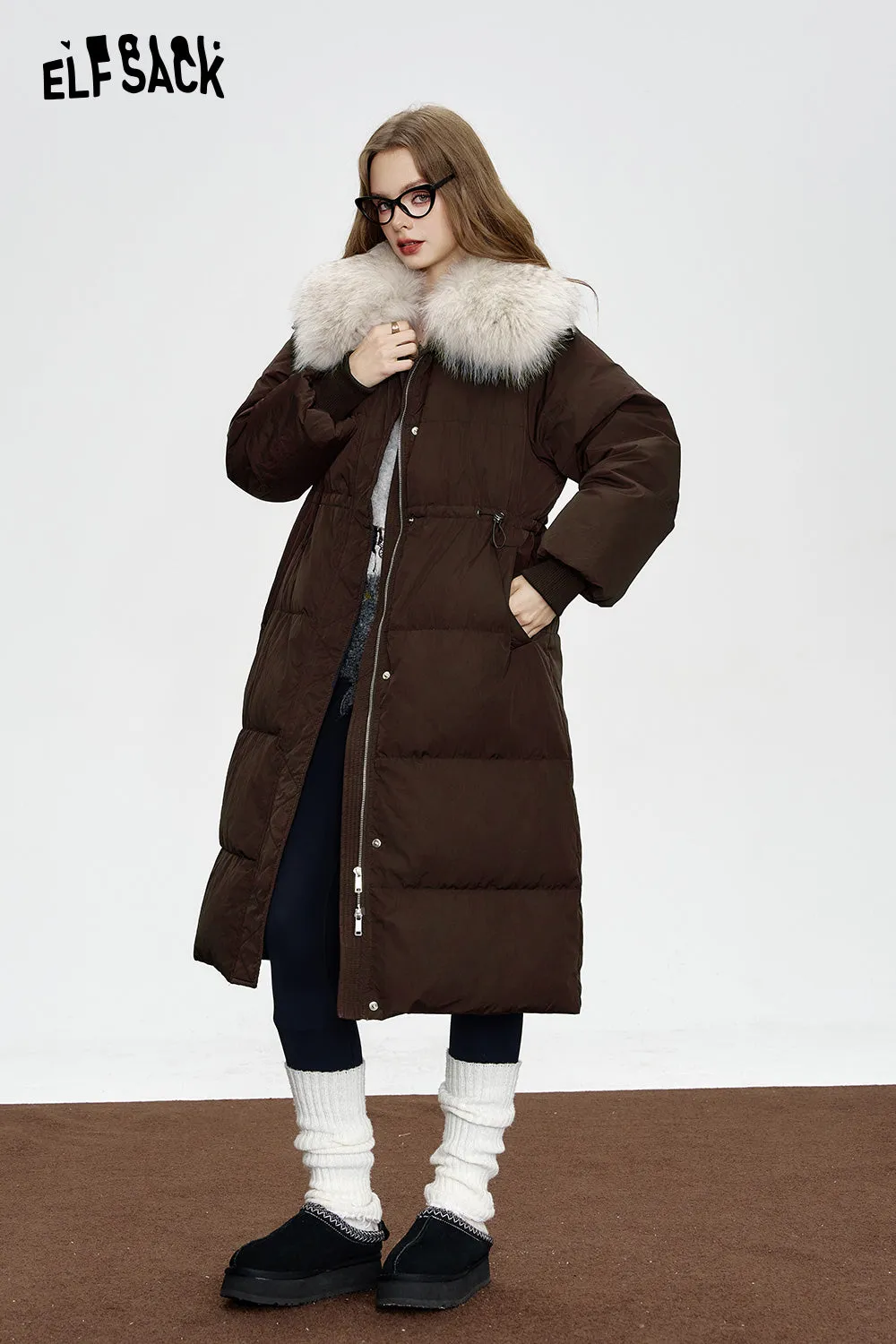 ELFSACK 2024 Winter New Arrivals Black mid-length down jacket for women Fake fur collar waist elegant coat