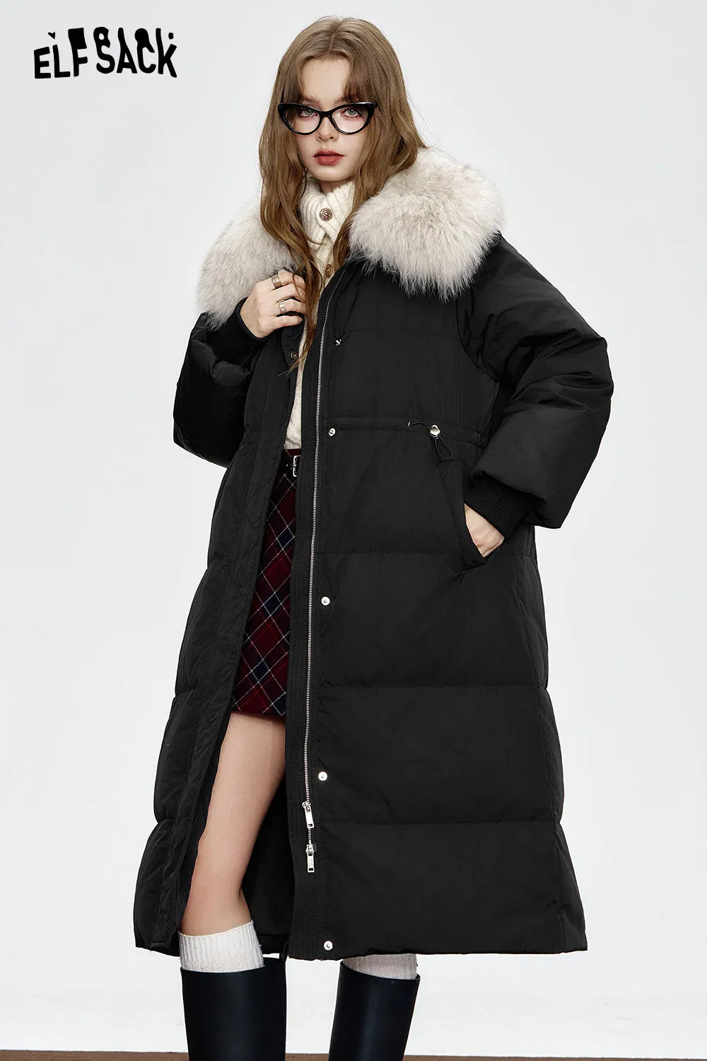 ELFSACK 2024 Winter New Arrivals Black mid-length down jacket for women Fake fur collar waist elegant coat