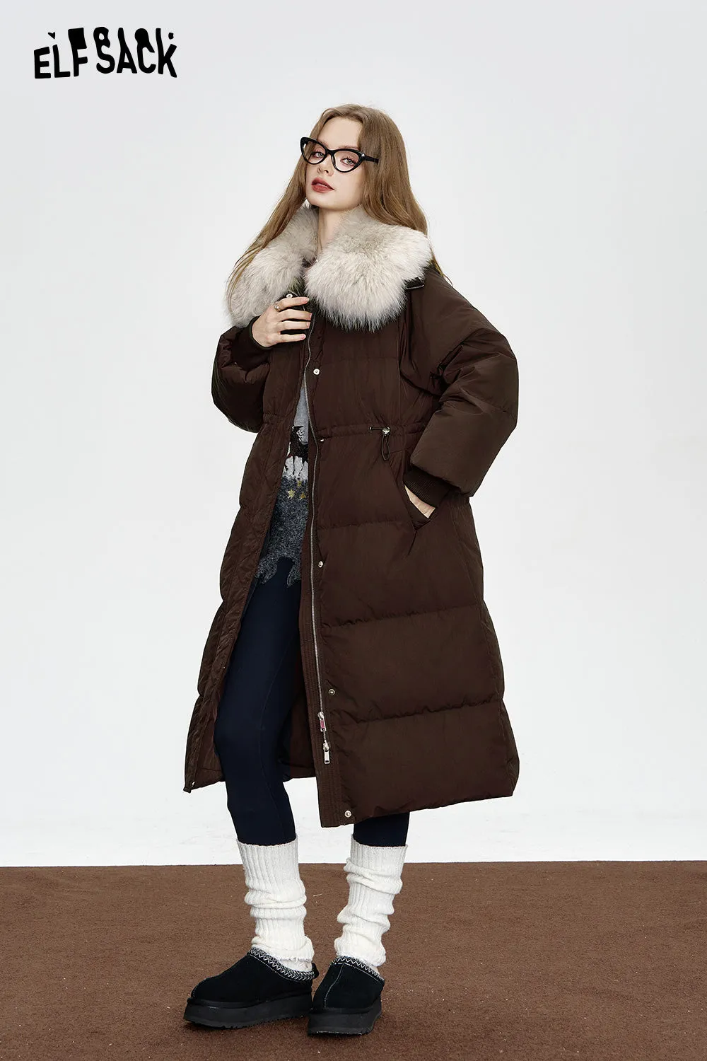 ELFSACK 2024 Winter New Arrivals Black mid-length down jacket for women Fake fur collar waist elegant coat