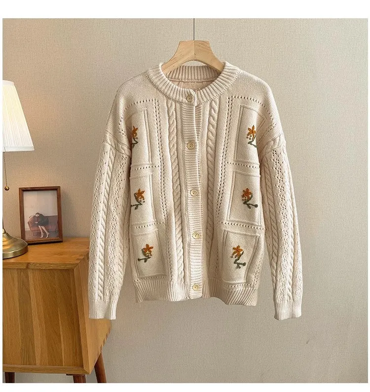 embroidered round neck sweater jacket for women soft knitted cardigan     S4807