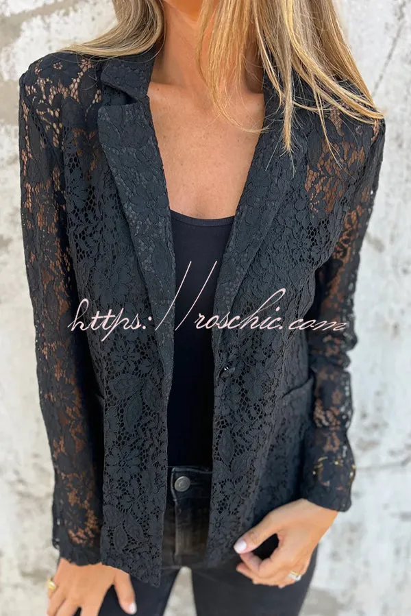 Fashion Lapel Long Sleeve Pocket Elegant Lace Jacket