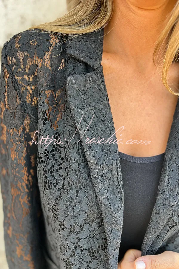 Fashion Lapel Long Sleeve Pocket Elegant Lace Jacket