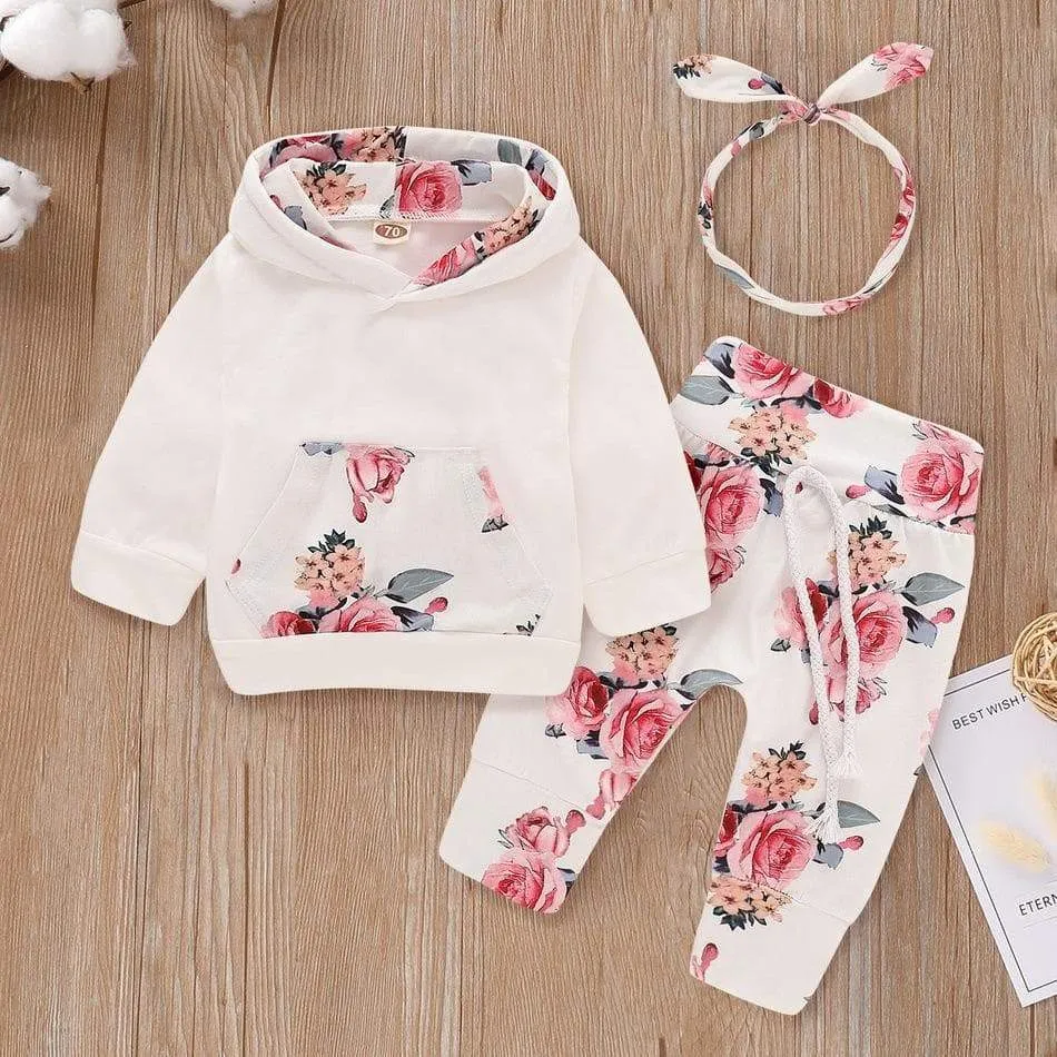 Floral Long-sleeve Hoodie, Pants and Headband Set