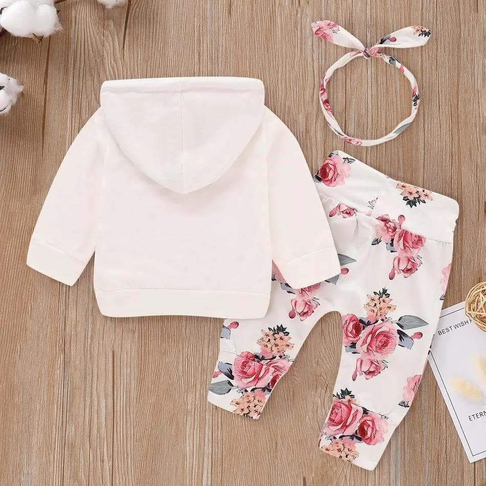 Floral Long-sleeve Hoodie, Pants and Headband Set