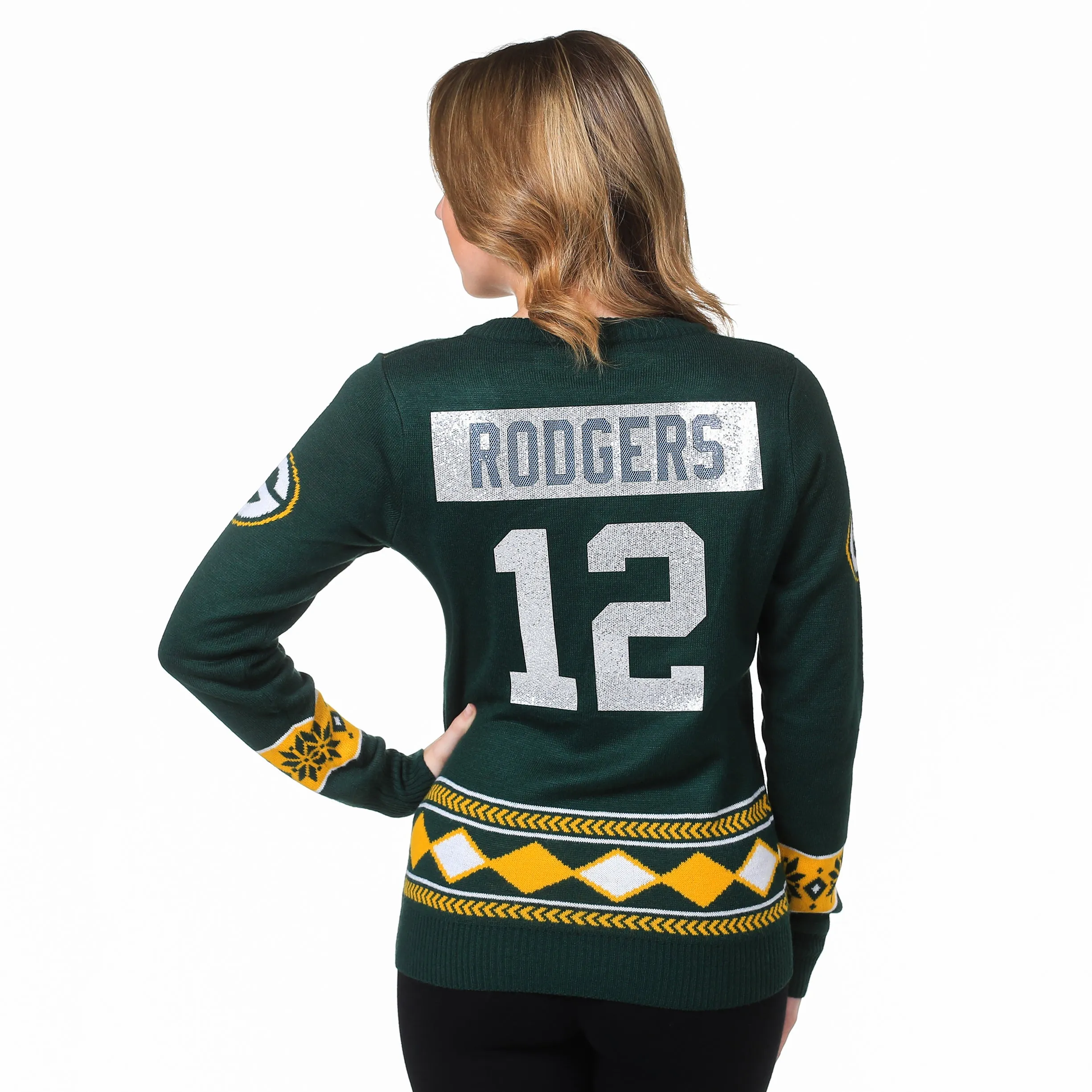 Green Bay Packers Aaron Rodgers #12 Glitter Player V-Neck Sweater