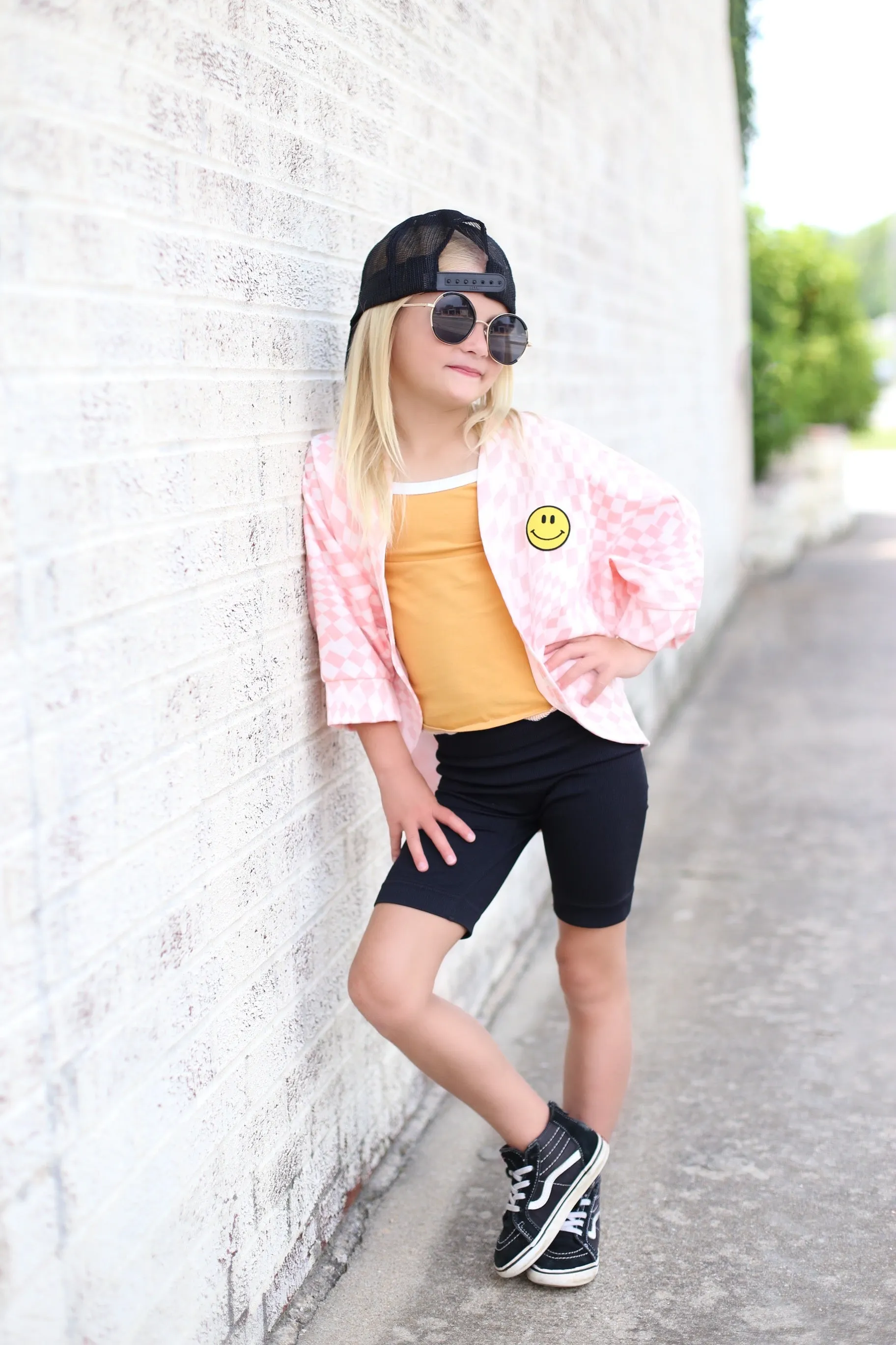 Happy Face Cardigan in Pink Checkerboard