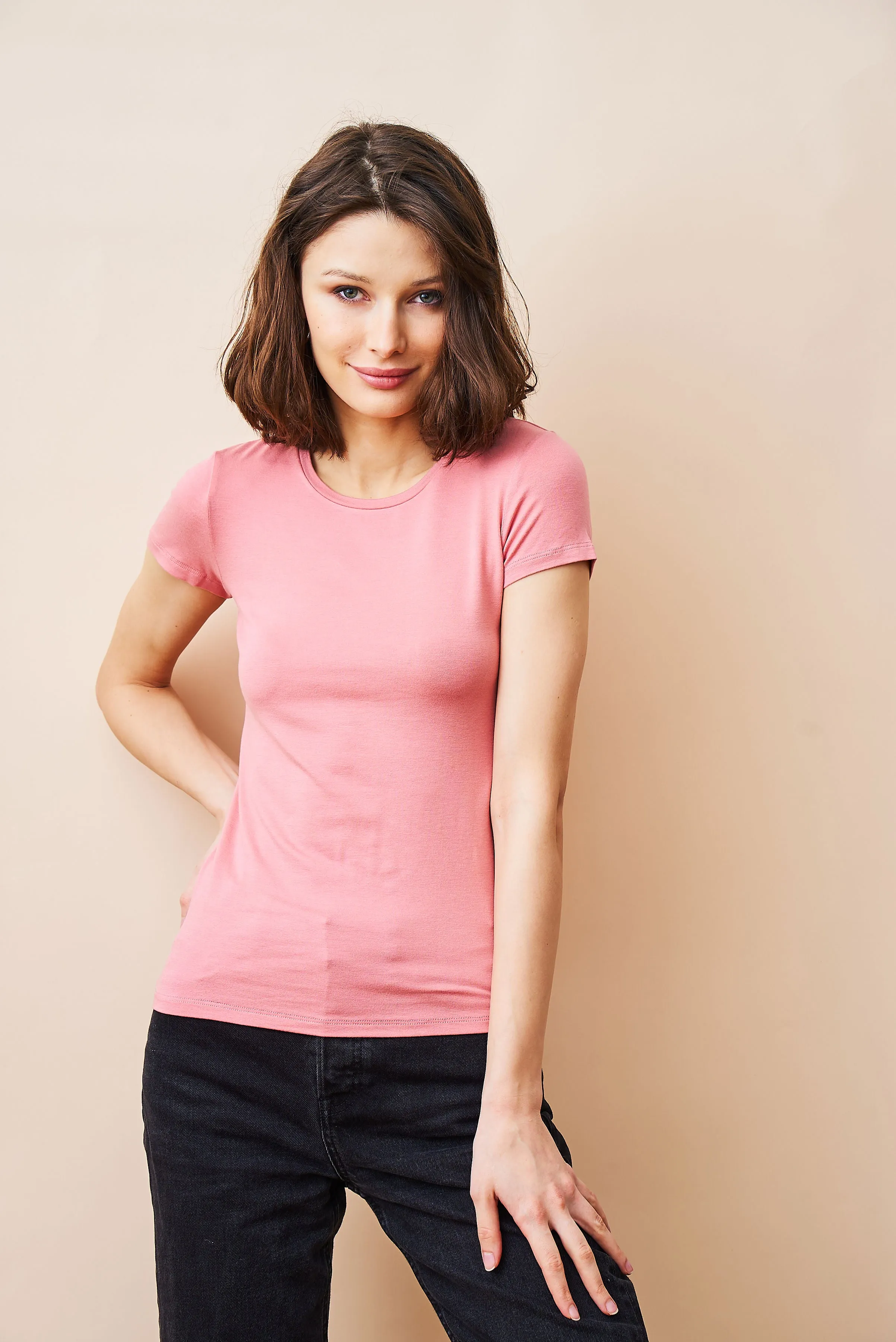 Majestic Soft Touch Short Sleeve Crewneck in Bouton De Rose