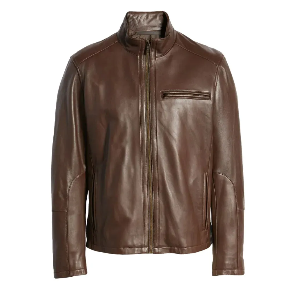 Mens Brown Lambskin Leather Moto Jacket