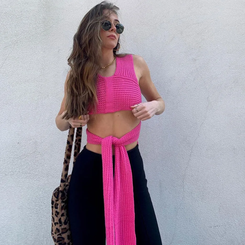 Multi-Way Bandage Tie Strap Cropped Knit Tank Top - Pink