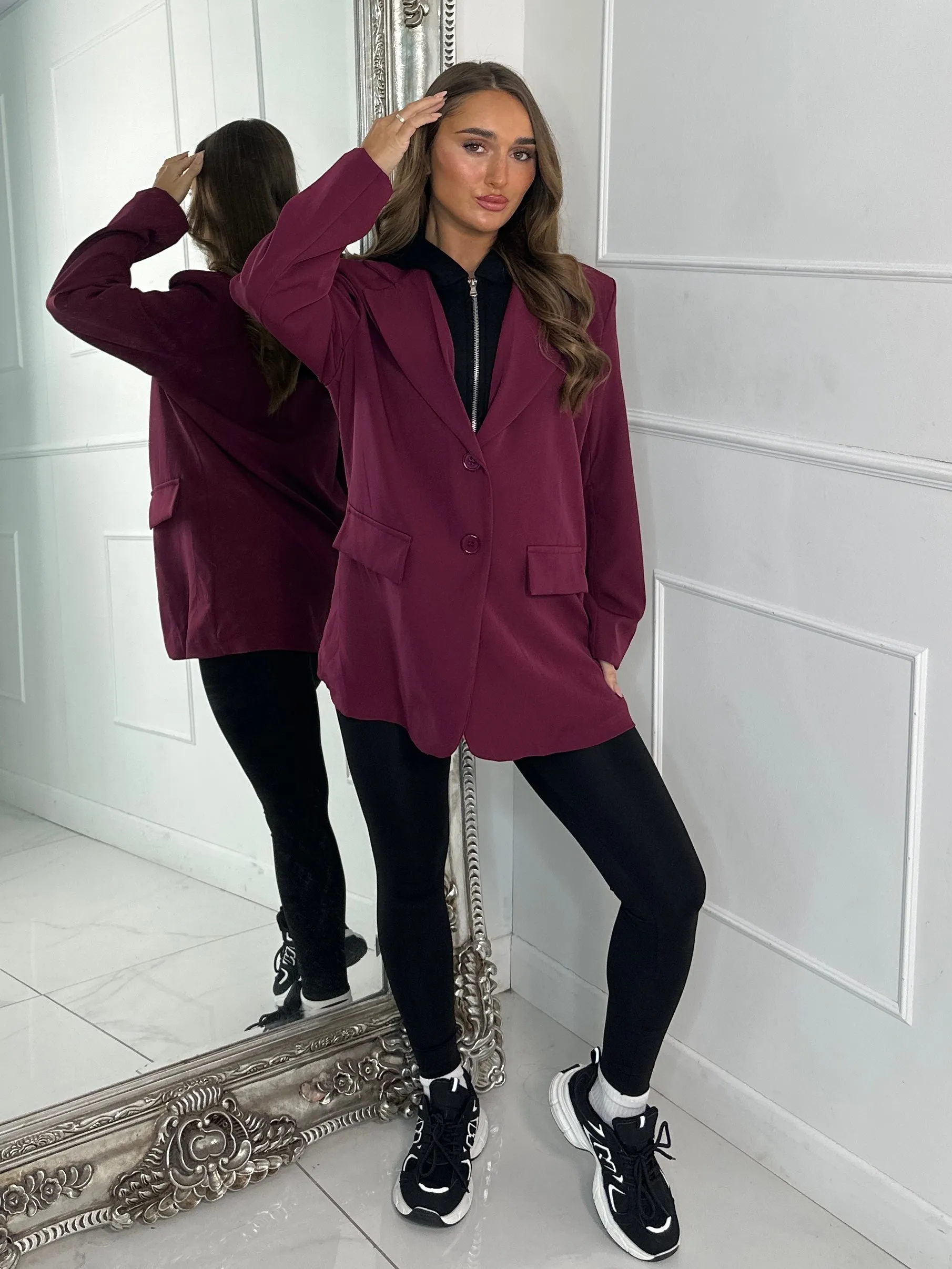 Oversized Blazer With Black Attached Hood - Wine