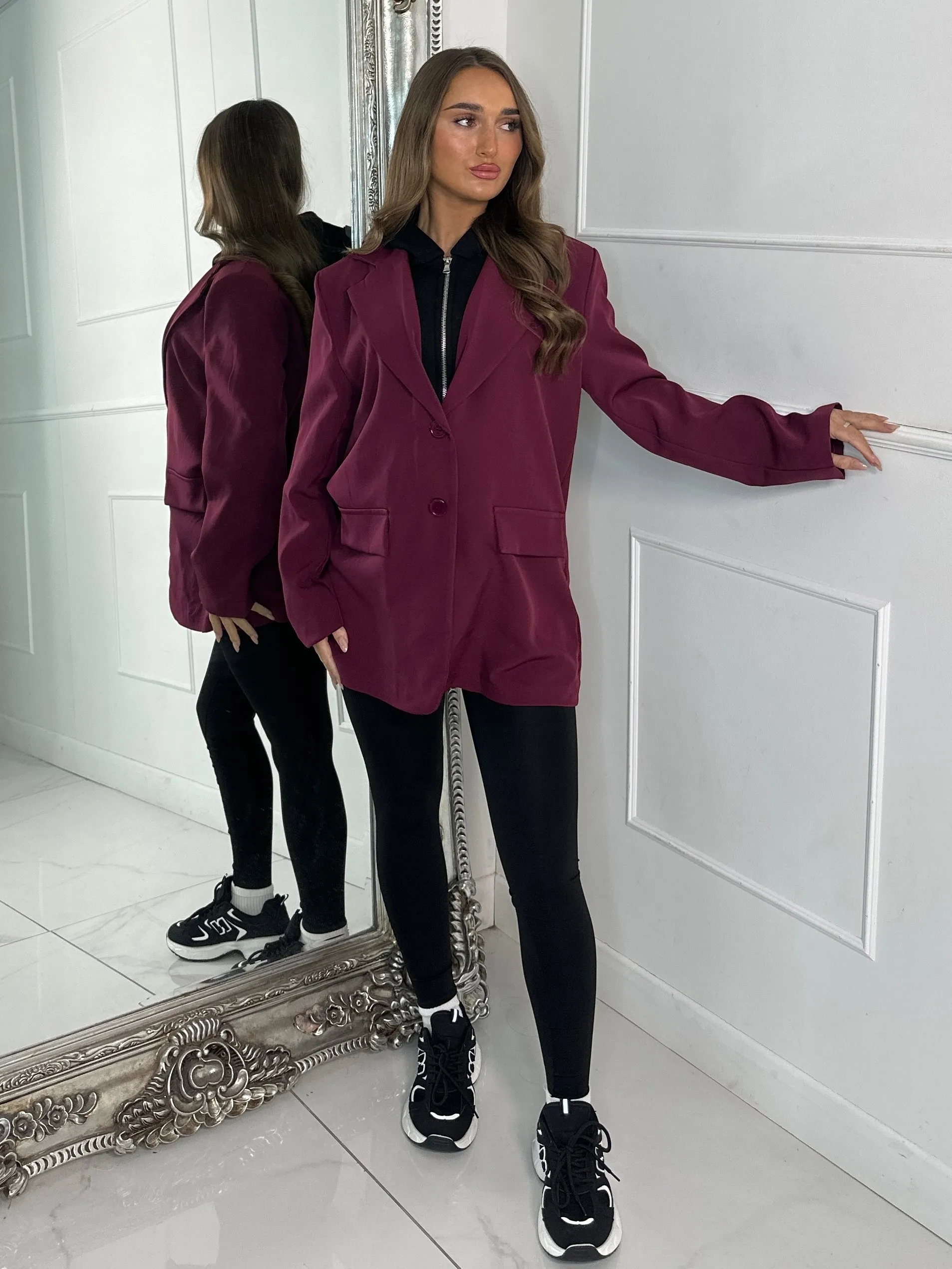 Oversized Blazer With Black Attached Hood - Wine