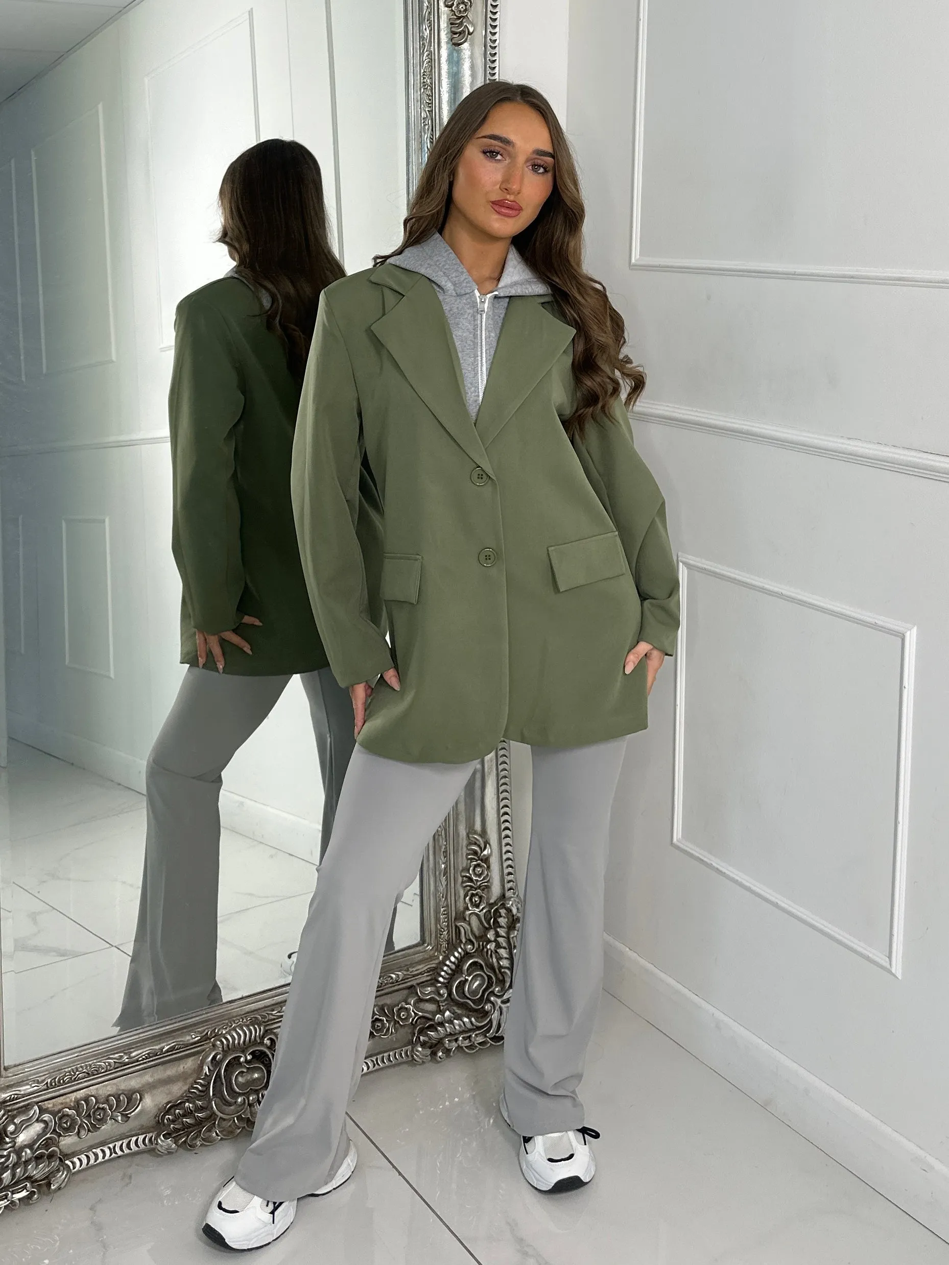 Oversized Blazer With Grey Attached Hood - Khaki