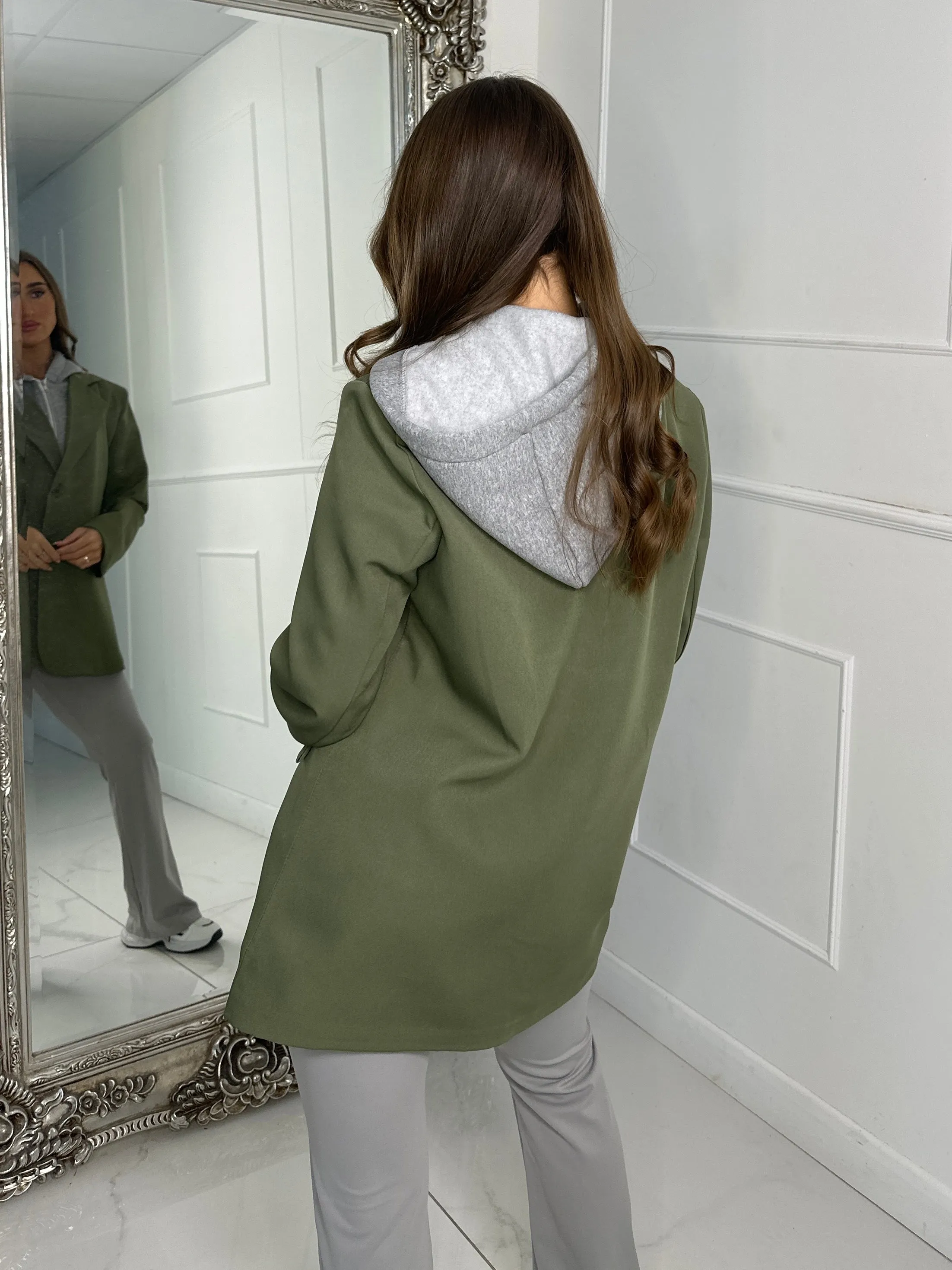 Oversized Blazer With Grey Attached Hood - Khaki