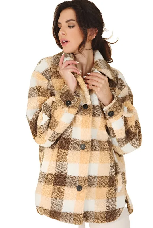 Plaid sherpa jacket with pockets