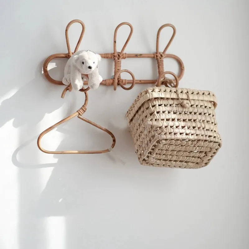 Rattan Hanging Wall Hooks Shelf - Boho Hat Kids Clothes Entryway Organizer - Coat Rack Bathroom Towel Hanger Bedroom - Kids Room Home Decor