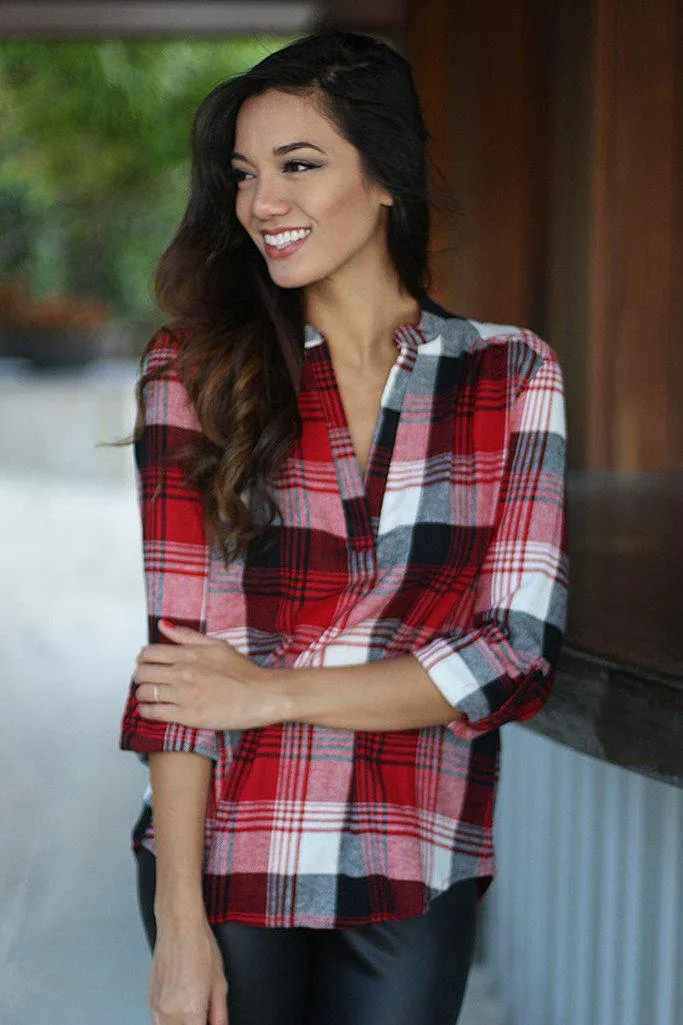 Red Plaid Top With Mandarin Collar