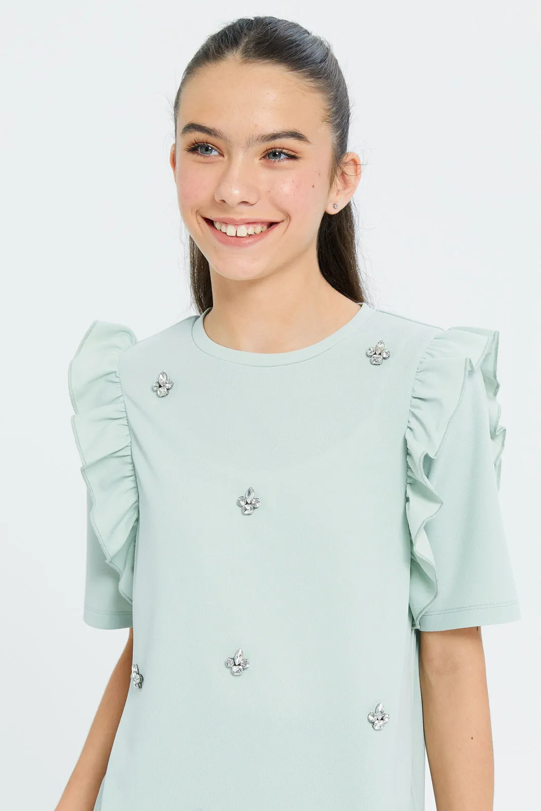 Senior Girls Green Embellished Front Ruffled Top