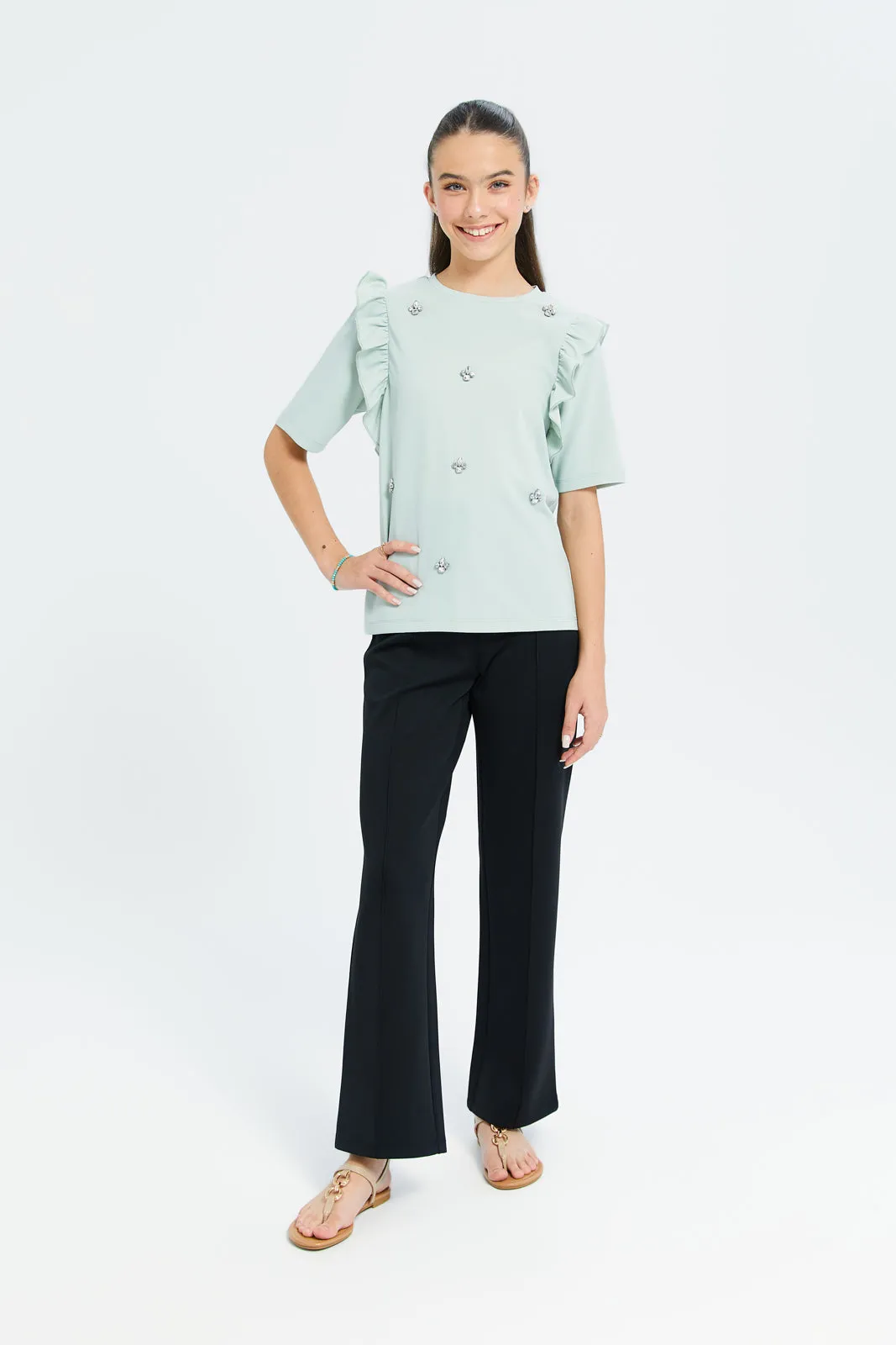 Senior Girls Green Embellished Front Ruffled Top