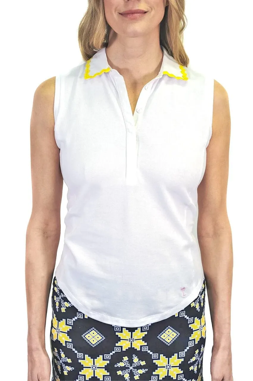 Sleeveless Stretch Pique Cotton Polo with Yellow Ric Rac Trim