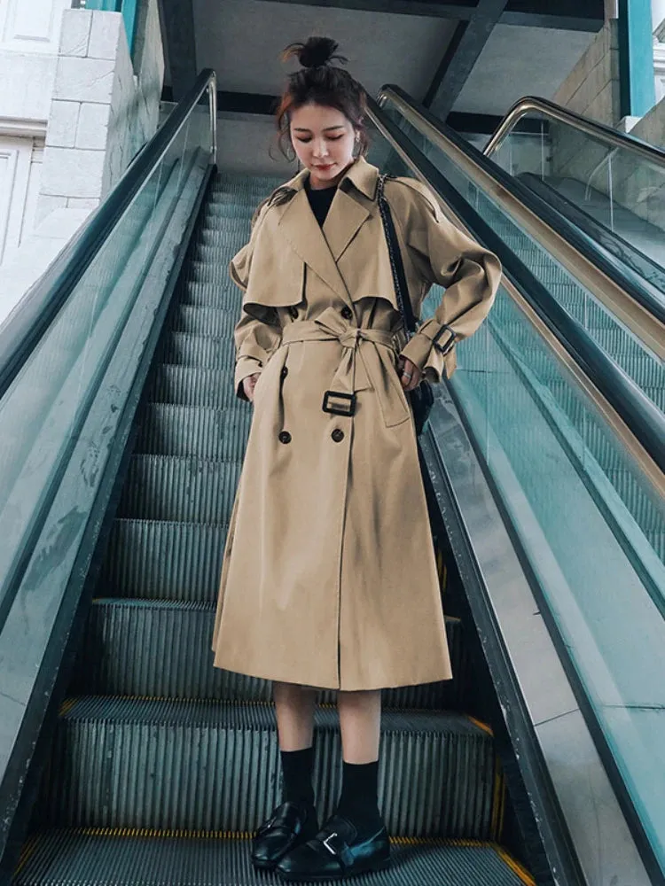 Spring Fall Khaki Long Trench Coats For Women Elegant Korean Loose Overcoats Casual Fashion Streetwear Windbreaker