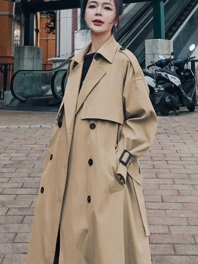 Spring Fall Khaki Long Trench Coats For Women Elegant Korean Loose Overcoats Casual Fashion Streetwear Windbreaker