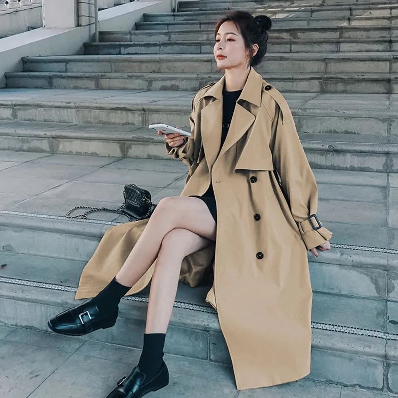 Spring Fall Khaki Long Trench Coats For Women Elegant Korean Loose Overcoats Casual Fashion Streetwear Windbreaker