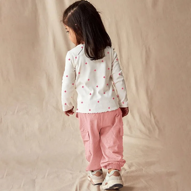 Toddler/Kid Girl's Long Sleeve Little Pink Flowers Print Design Tee with Pants Set