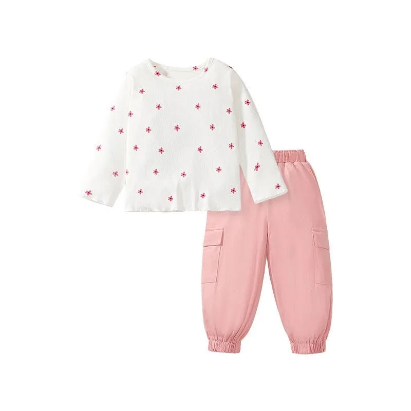 Toddler/Kid Girl's Long Sleeve Little Pink Flowers Print Design Tee with Pants Set