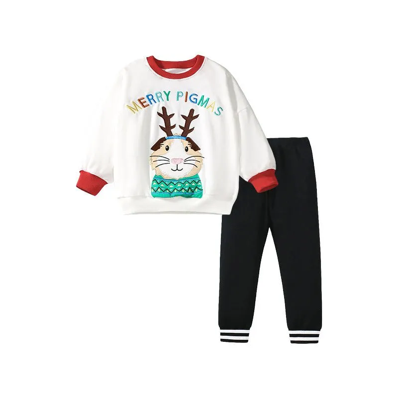 Toddler/Kid Girl's Merry Pigmas Embroidery Design Sweatshirt with Pants Set