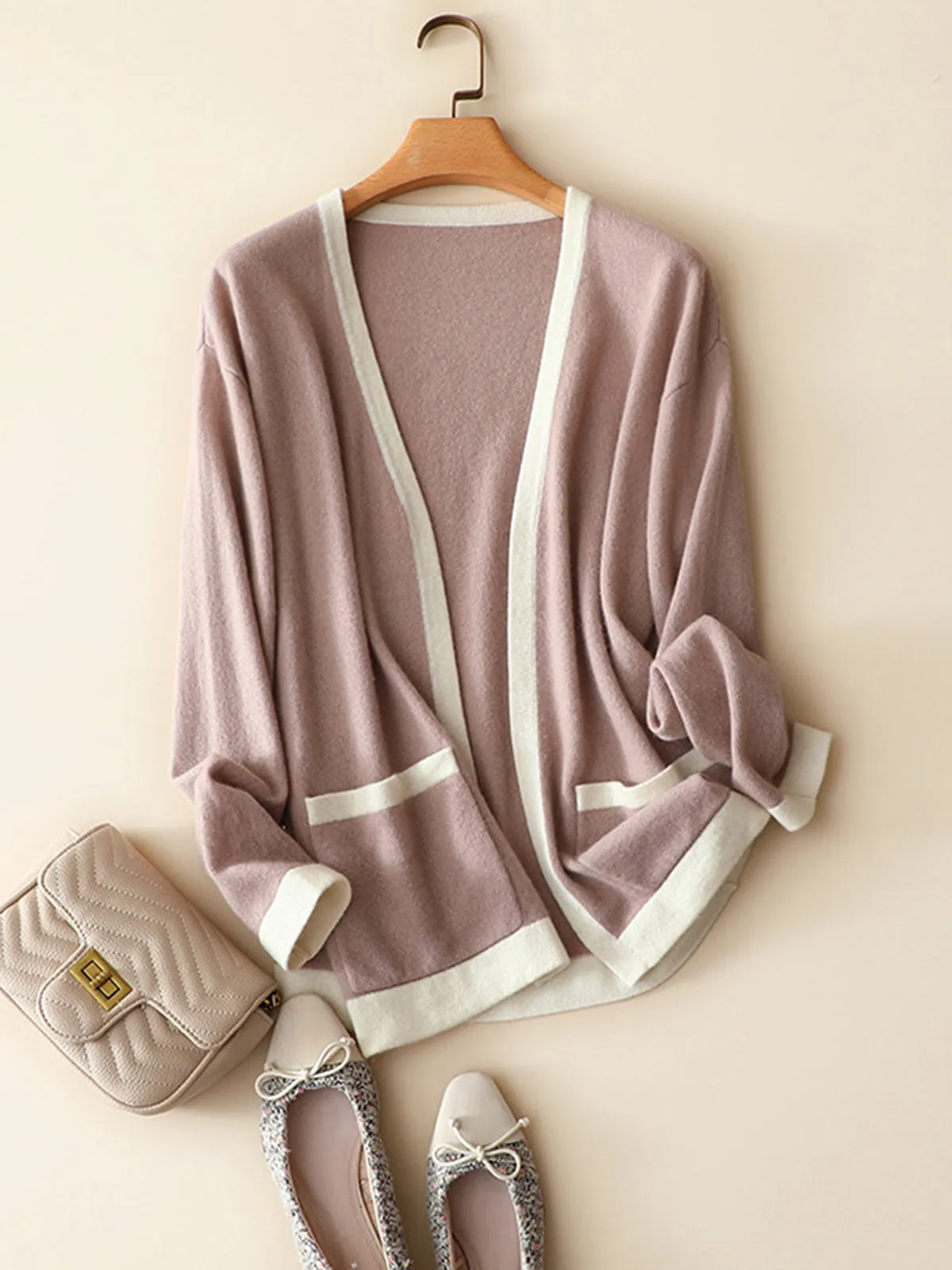 V-neck Pure Cashmere Cardigan Pink Patchwork Soft Vest Inner Wear Outerwear Two-piece Set