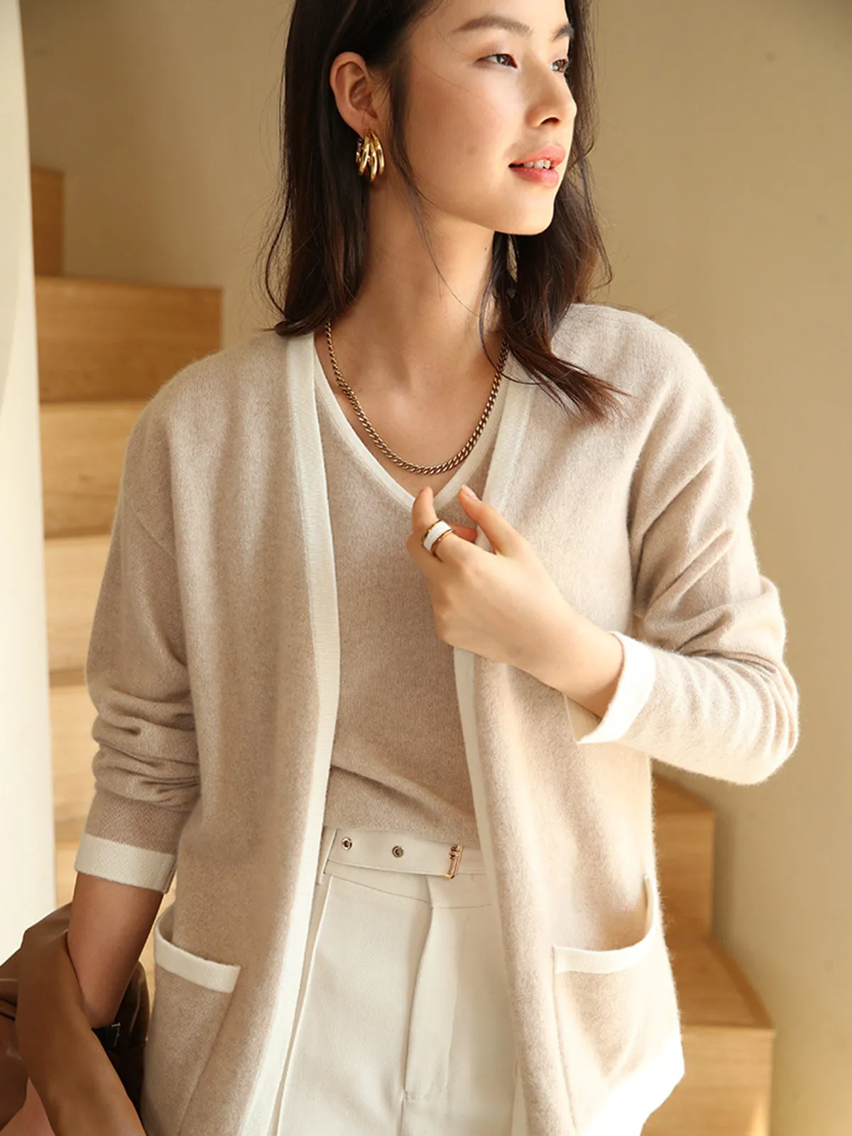 V-neck Pure Cashmere Cardigan Pink Patchwork Soft Vest Inner Wear Outerwear Two-piece Set