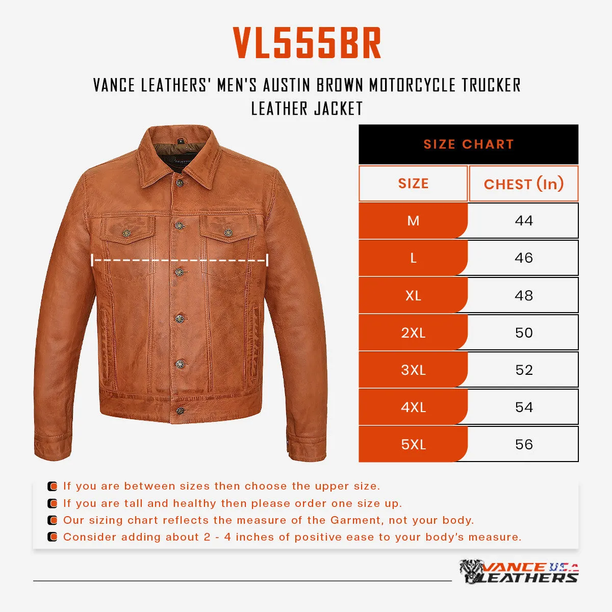 Vance Leathers' Mens Austin Brown Premium Classic Motorcycle Trucker Leather Jacket