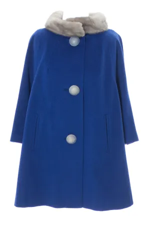 Vintage Blue swing coat with giant buttons and fur collar